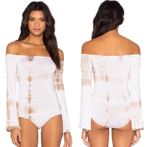 NWT Anthropologie NYTT Brigitte Off Shoulder Bodysuit Taupe Tie Dye - Picture 2 of 4